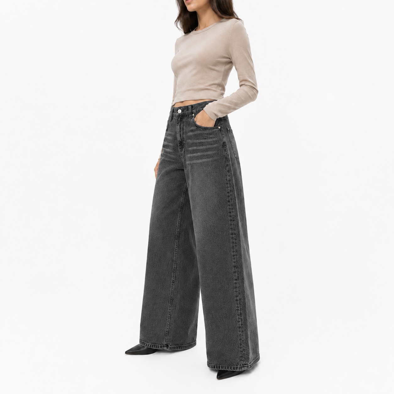 Washed Charcoal Gray Wide Leg Denim