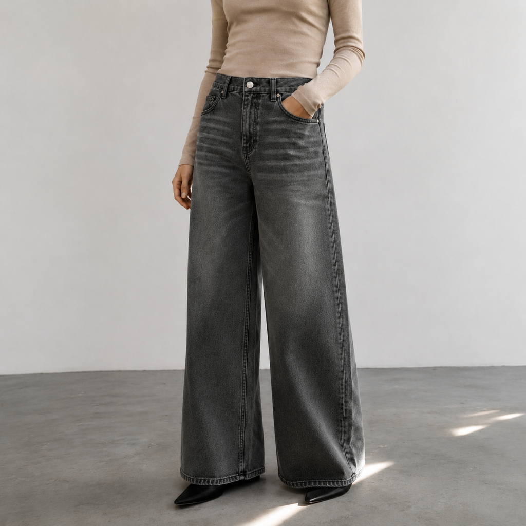 Washed Charcoal Gray Wide Leg Denim